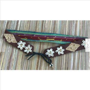 Guatemala Tie-on Belt Beaded & Cowrie Shells Design Flower Pattern Boho Beach